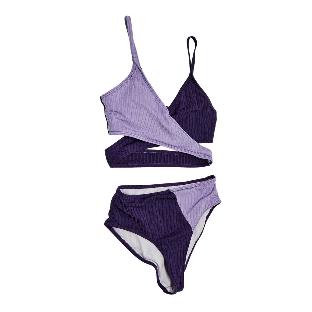 SHEIN Bikini‎ Set Kids Teen 14Y Purple Ribbed Colorblock Criss Cross Bralette
